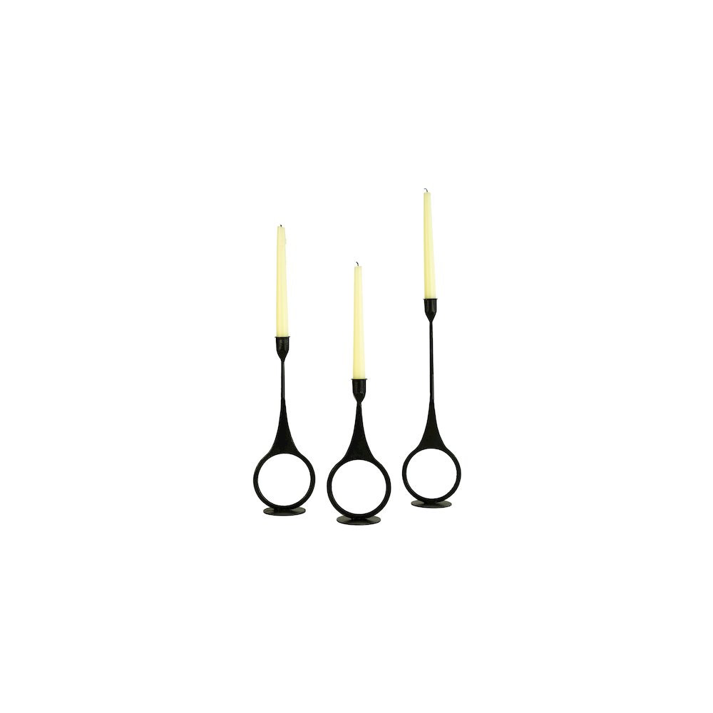 Set Of Three Cast Iron Taper Candle Holders W Ring Detail. Picture 1