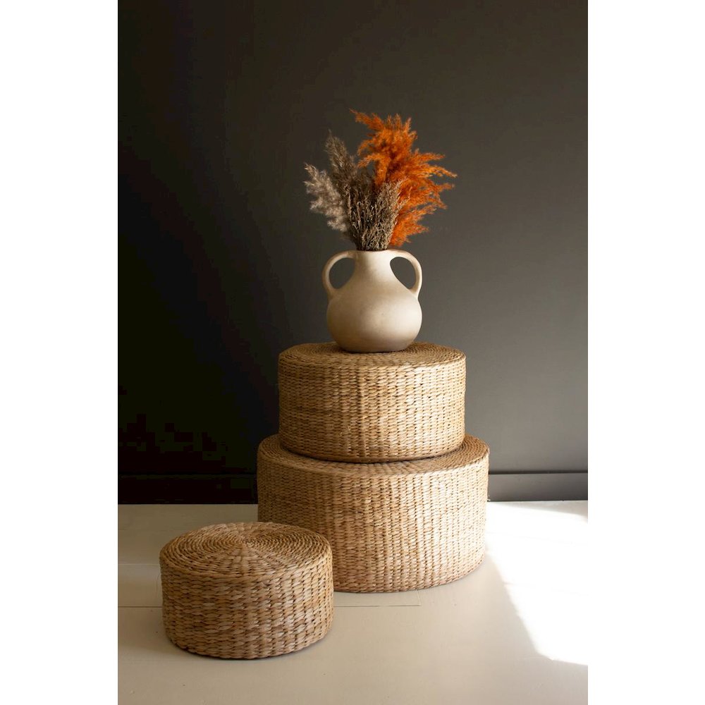 Set Of Three Round Natural Seagrass Risers. Picture 1