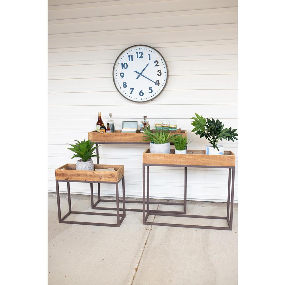 Set Of Three Rustic Recycled Wood Console Trays On Metal Bases. Picture 2