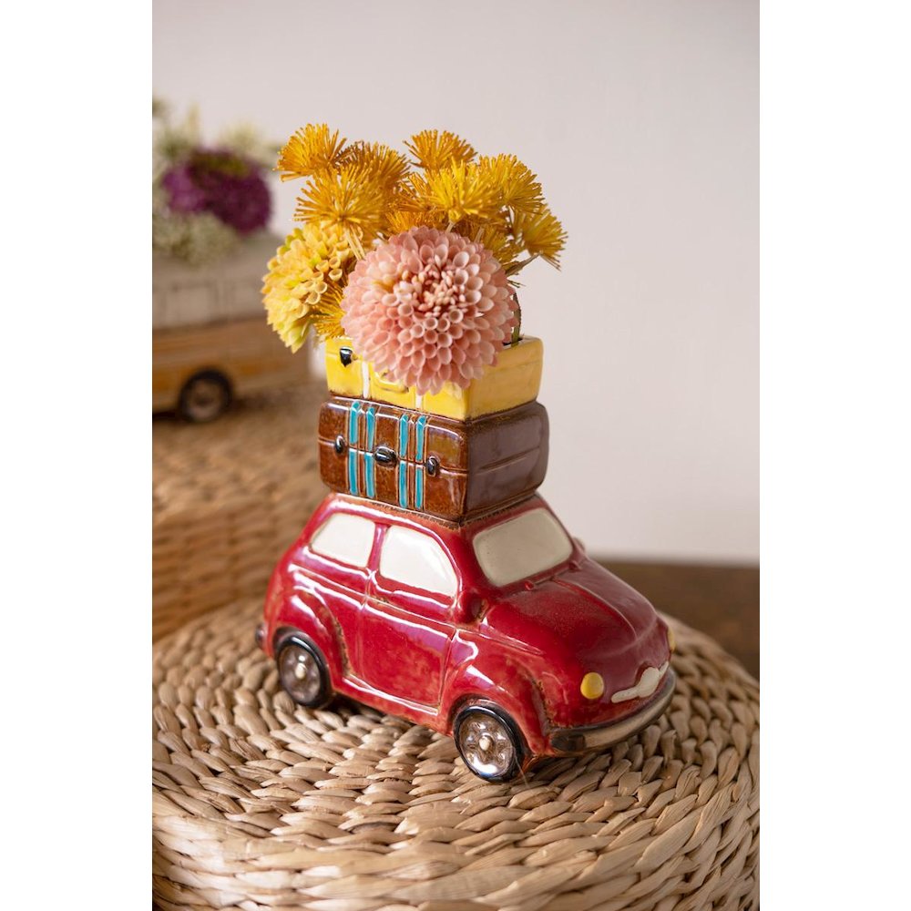 Red Ceramic Car With Luggage Planter. Picture 1