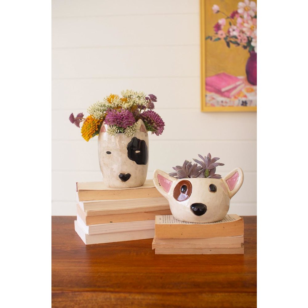 Set Of Two Ceramic Black And White Dog Head Planters. Picture 1