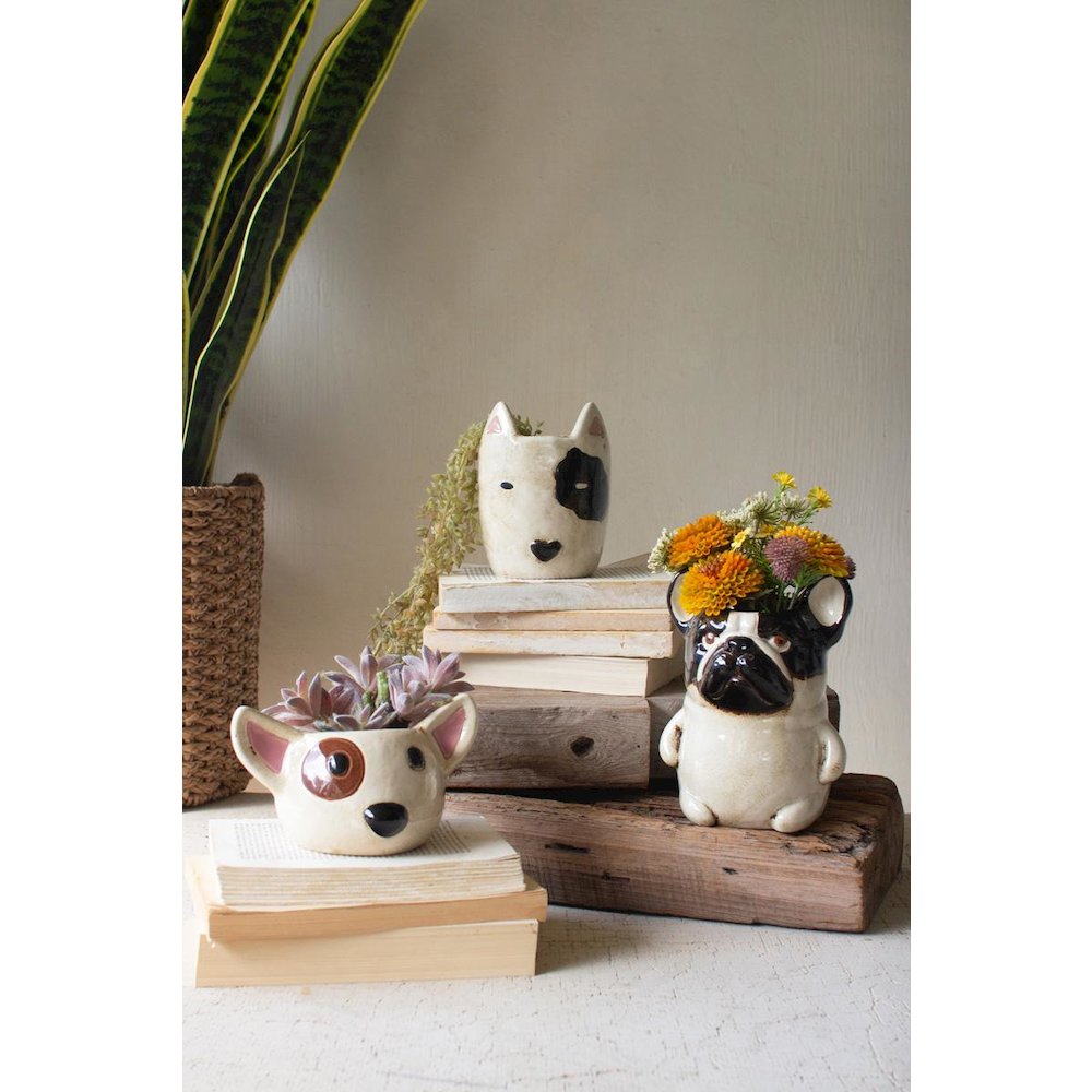 Set Of Two Ceramic Black And White Dog Head Planters. Picture 2