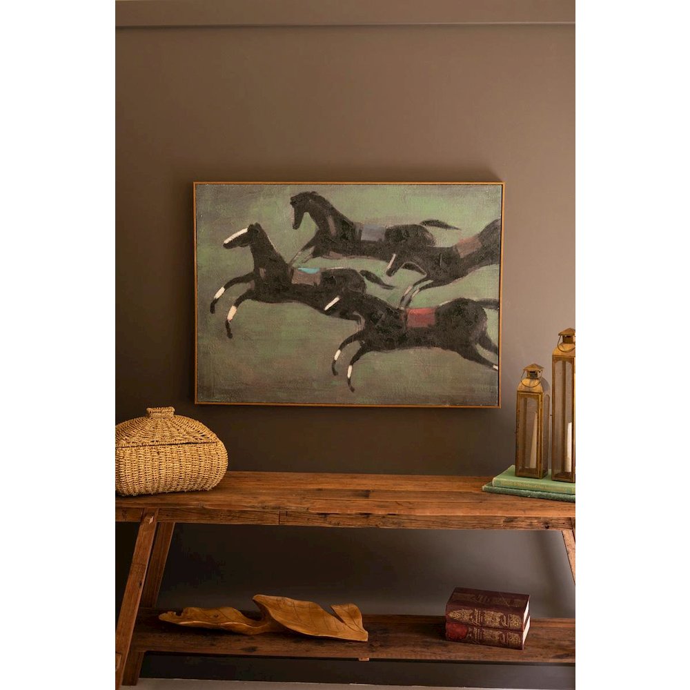 Framed Paint Over Print Four Run Away Race Horses. Picture 1