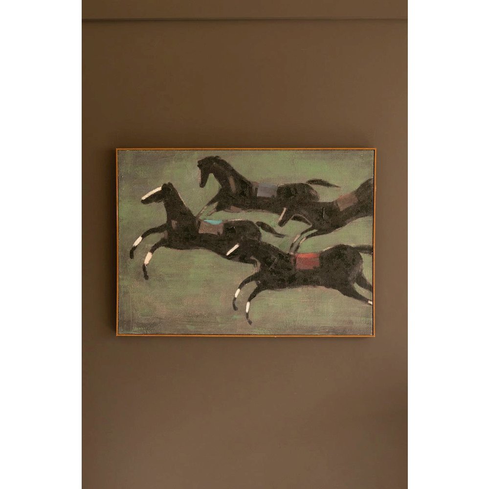 Framed Paint Over Print Four Run Away Race Horses. Picture 5
