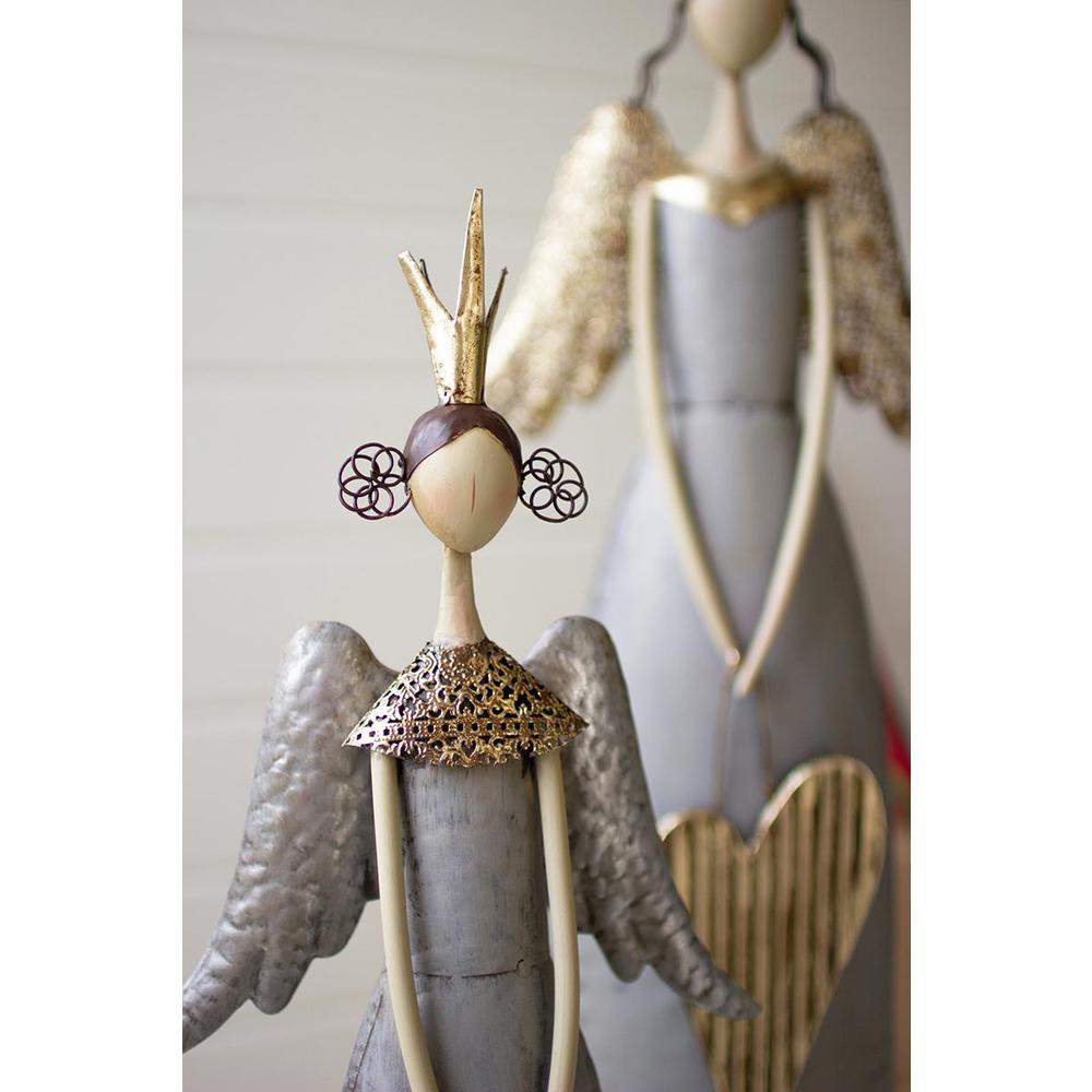 Set Of Two Gold & Grey Christmas Angels Holding Heart & Star. Picture 3