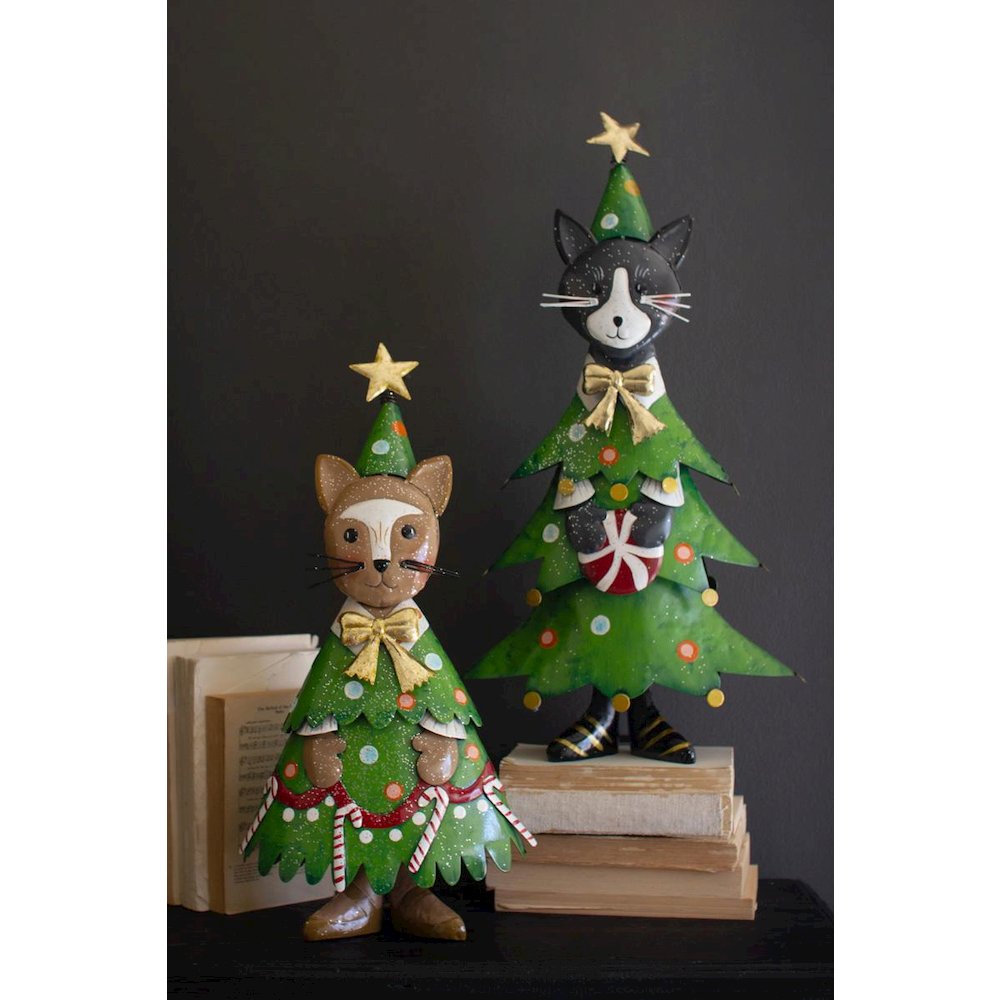Set Of Two Painted Metal Cat Christmas Trees. Picture 1