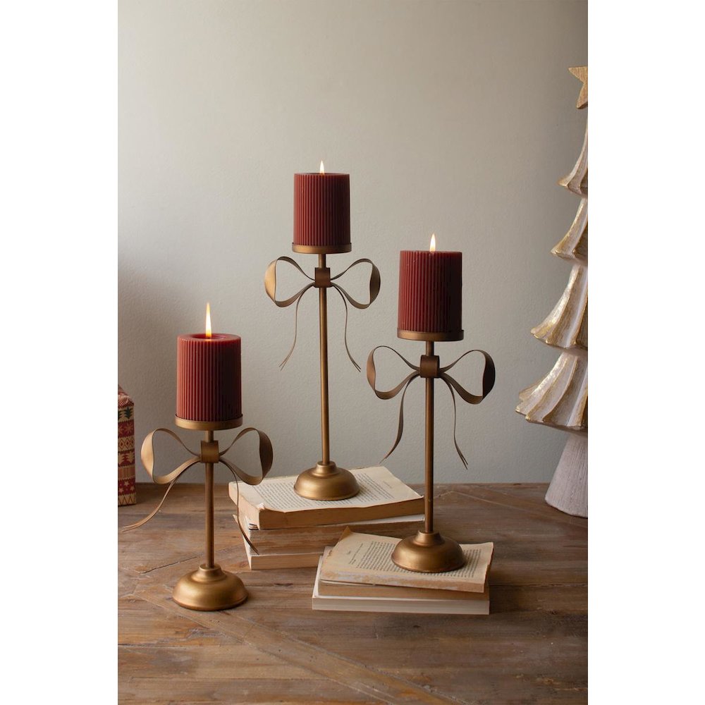 Set Of Three Antique Brass Pillar Candle Stands -Bow Detail. Picture 3
