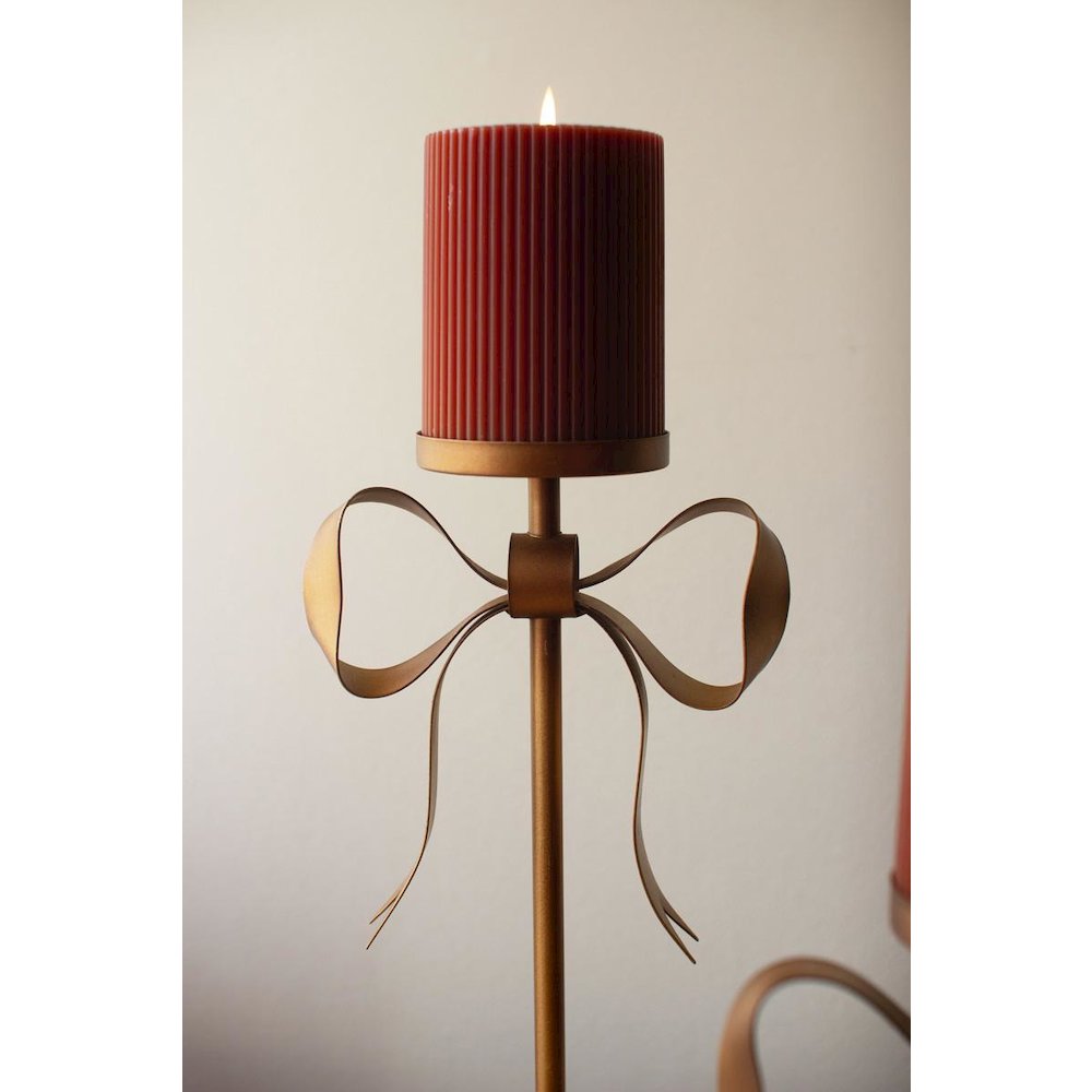 Set Of Three Antique Brass Pillar Candle Stands -Bow Detail. Picture 4