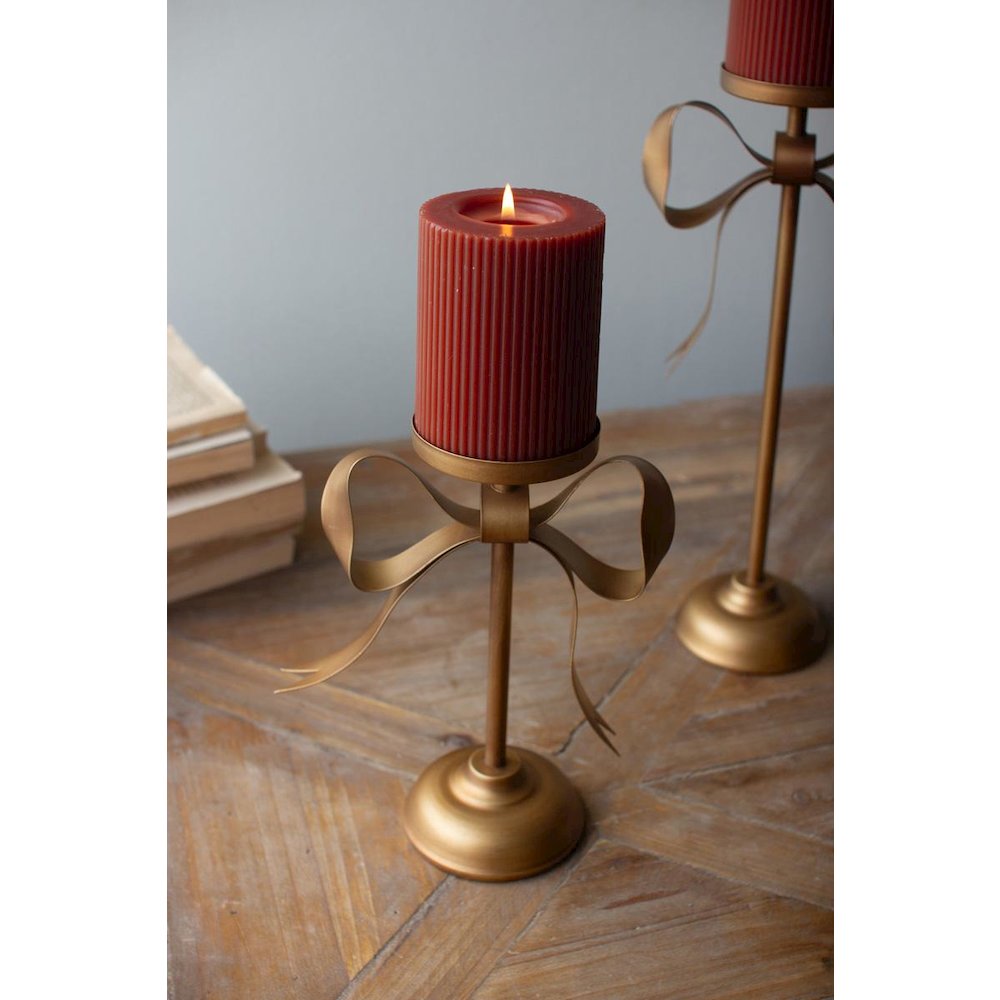 Set Of Three Antique Brass Pillar Candle Stands -Bow Detail. Picture 5