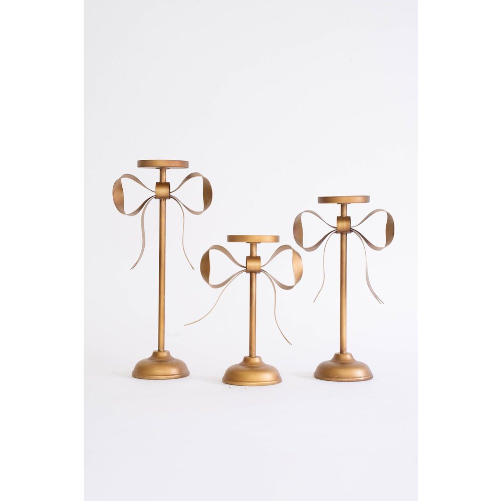 Set Of Three Antique Brass Pillar Candle Stands -Bow Detail. Picture 6