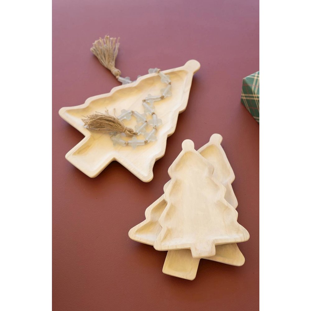 Set Of Three Carved Wood  Christmas Tree Platters. Picture 1