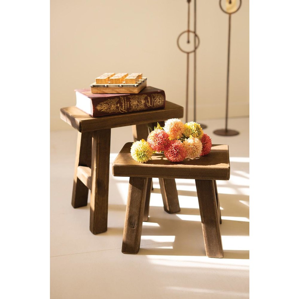 Set Of Two Rectangle Wood Stools - Dark Brown. Picture 1