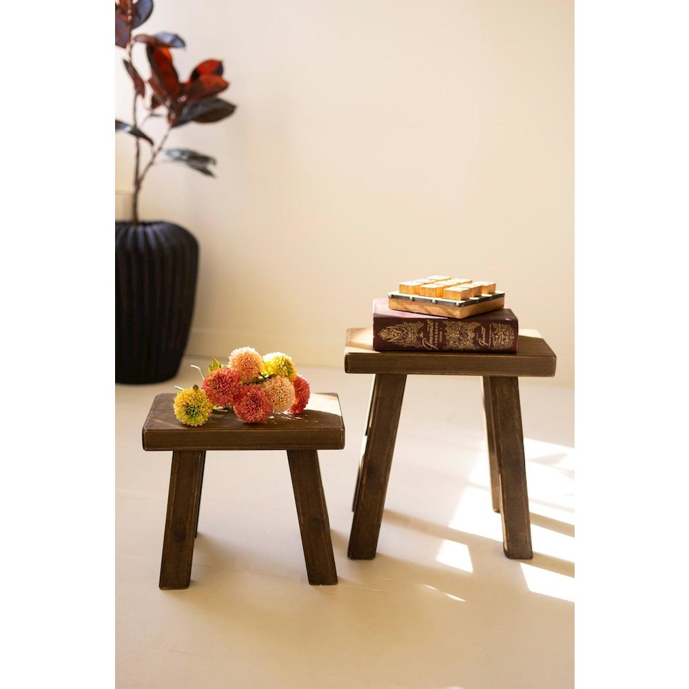 Set Of Two Rectangle Wood Stools - Dark Brown. Picture 3