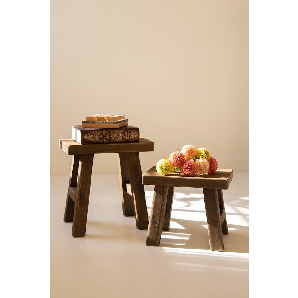 Set Of Two Rectangle Wood Stools - Dark Brown. Picture 5