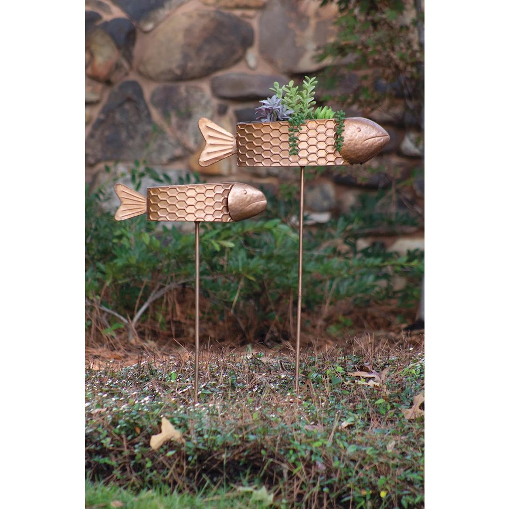 Set Of Two Metal Fish Planter Yard Stakes – Copper Finish. Picture 1