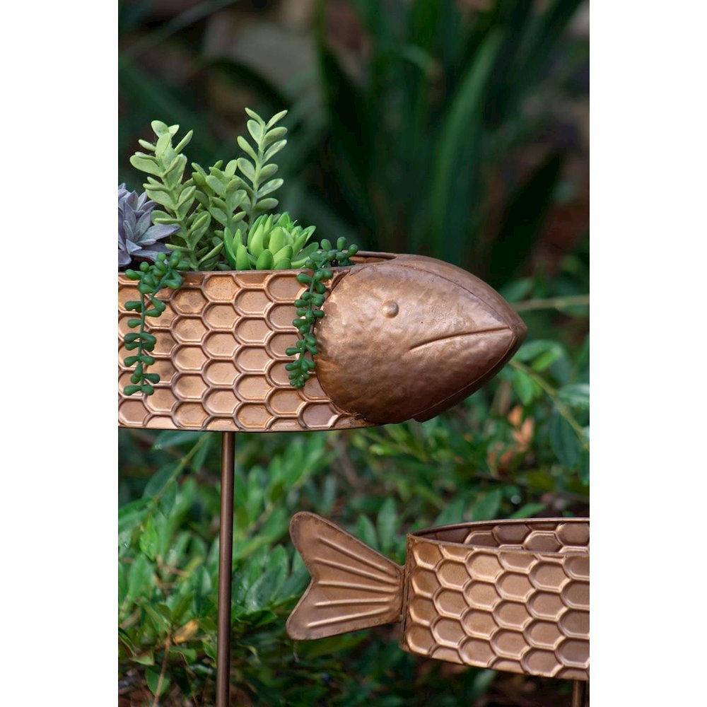 Set Of Two Metal Fish Planter Yard Stakes – Copper Finish. Picture 2