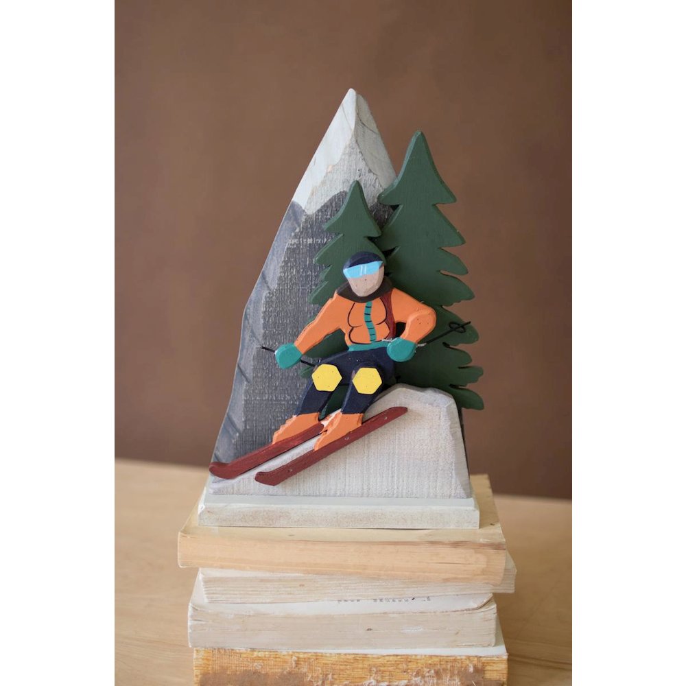 Painted Wood Snow Skiing Scene. Picture 3