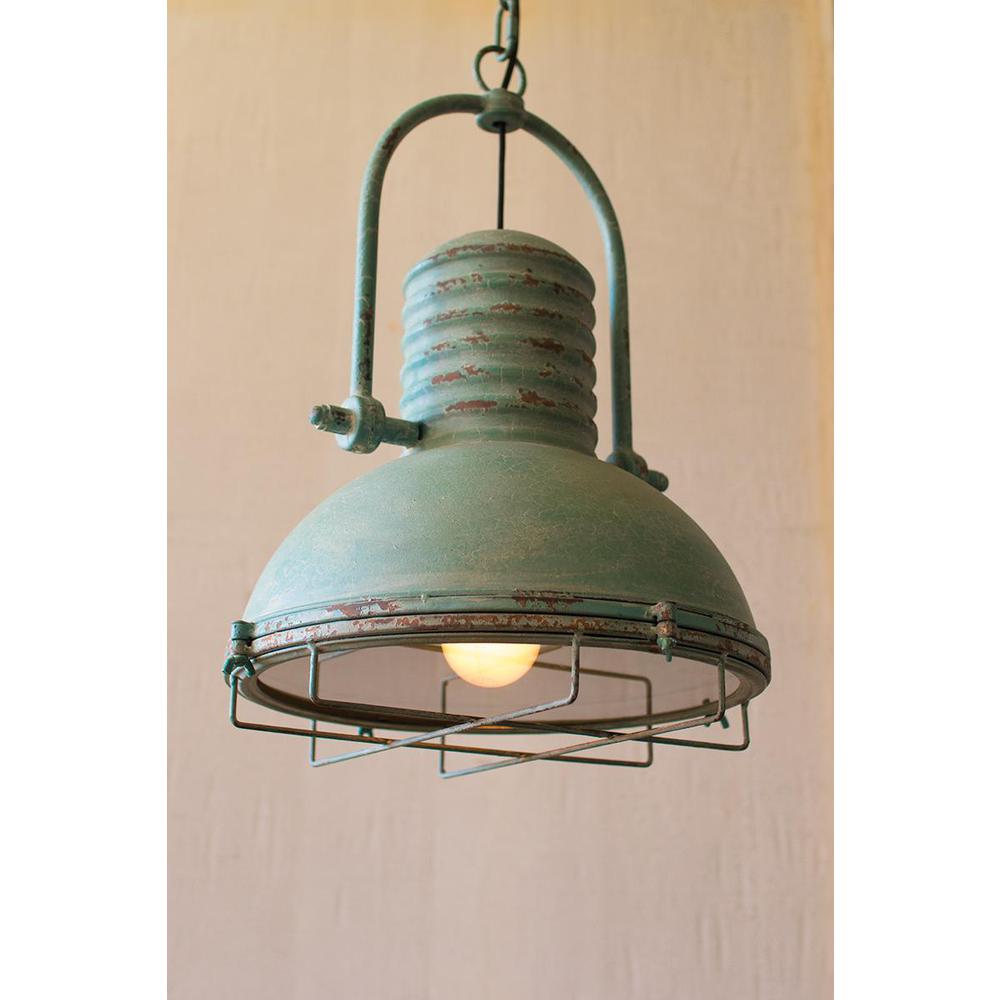 Antique Turquoise Pendant Light With Glass And Wire Cage. Picture 1