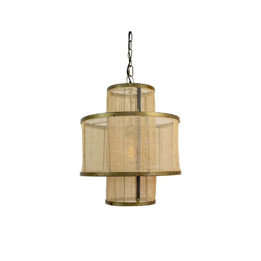 Round Double Layered Woven Fiber And Metal Pendant Light. Picture 1