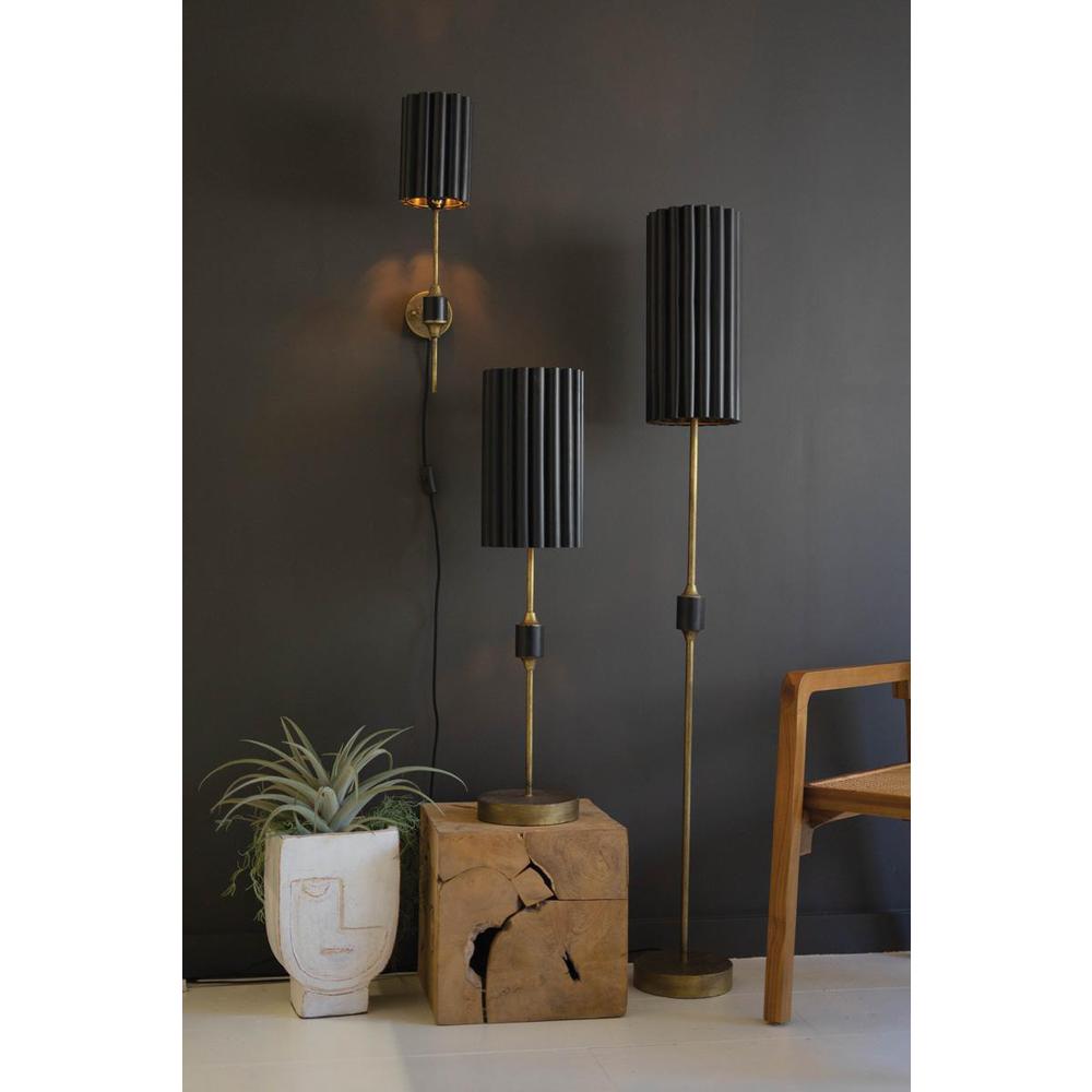 Antique Gold Floor Lamp With Fluted Black Metal Shade. Picture 4