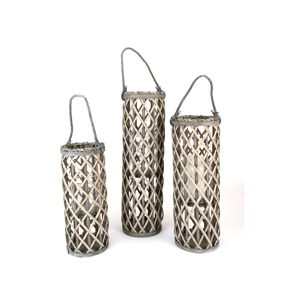 Set Of Three Willow Lanterns With Glass - Grey. Picture 1
