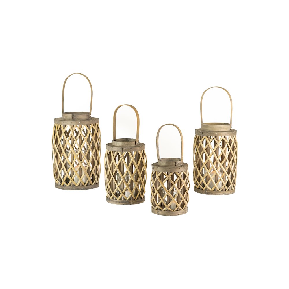 Set Of Four Grey Willow Cylinder Lanterns W Glass Inserts. Picture 1