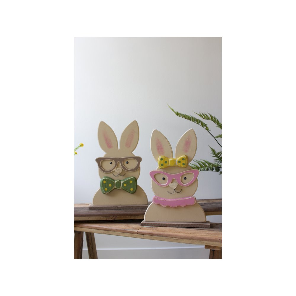 Set Of Two Painted Wood Easter Bunnies With Glasses. Picture 2