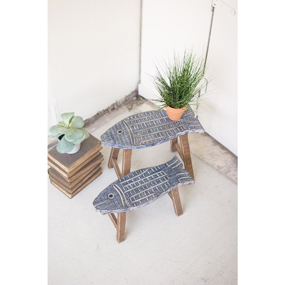 Set Of Two Wooden Fish Stools. Picture 1