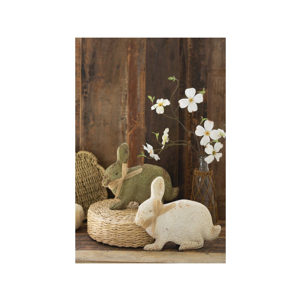 Set Of Two Painted Metal Rabbits - Green And White. Picture 1