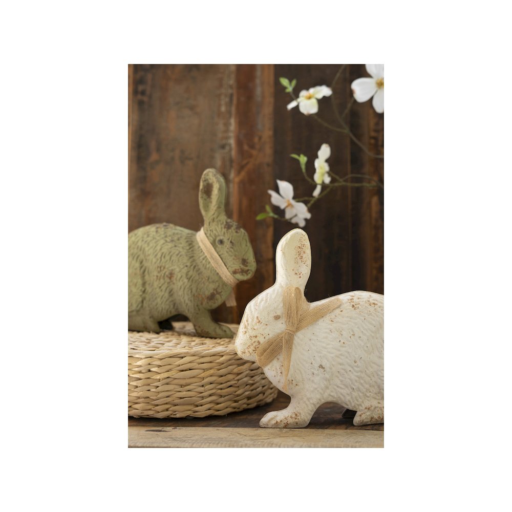 Set Of Two Painted Metal Rabbits - Green And White. Picture 2