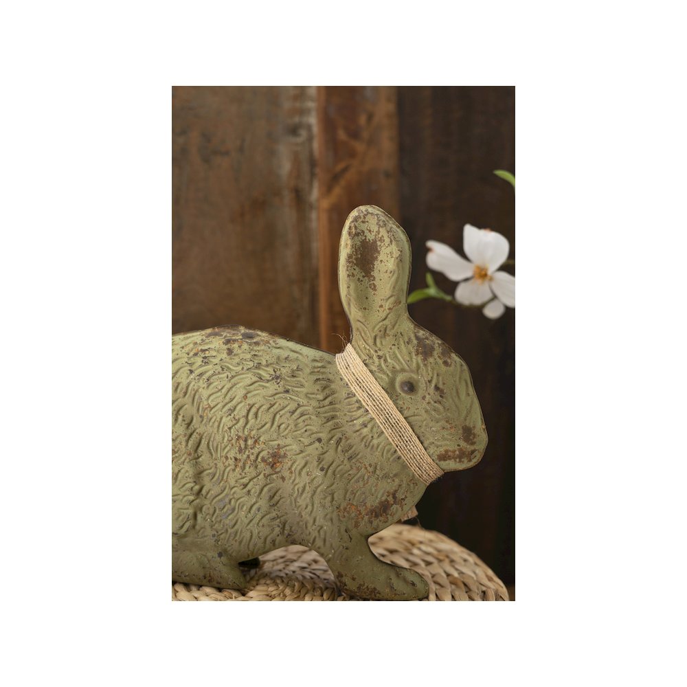 Set Of Two Painted Metal Rabbits - Green And White. Picture 3
