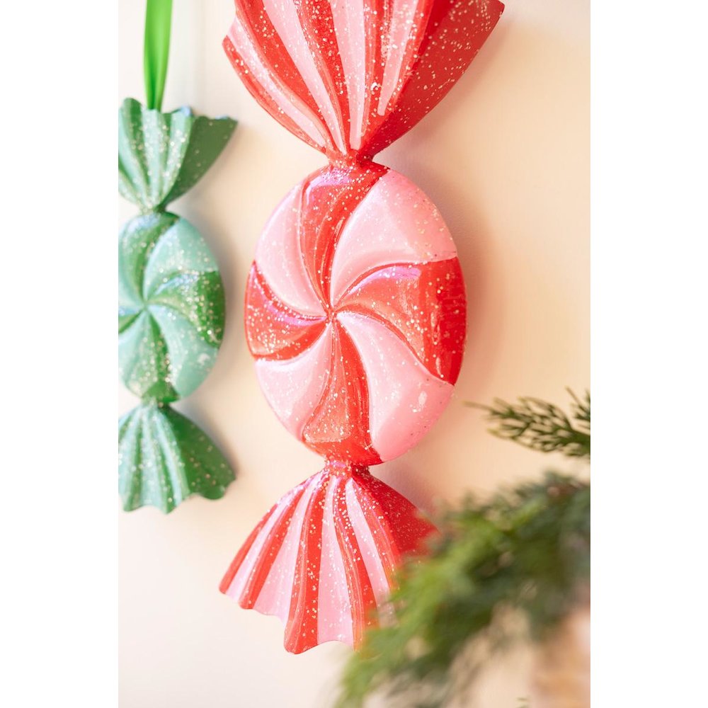 Set/2 Large Painted Metal Colorful Christmas Candy Ornaments. Picture 2