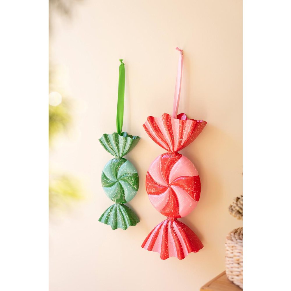 Set/2 Large Painted Metal Colorful Christmas Candy Ornaments. Picture 4