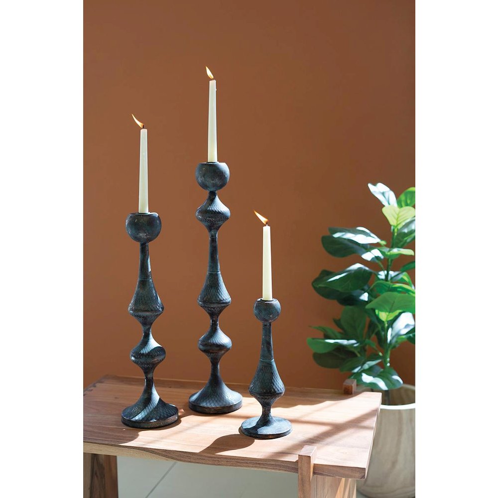 Set Of Three Patina Metal Candle Towers. Picture 1