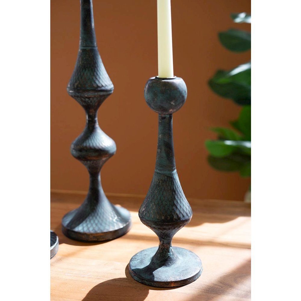 Set Of Three Patina Metal Candle Towers. Picture 2