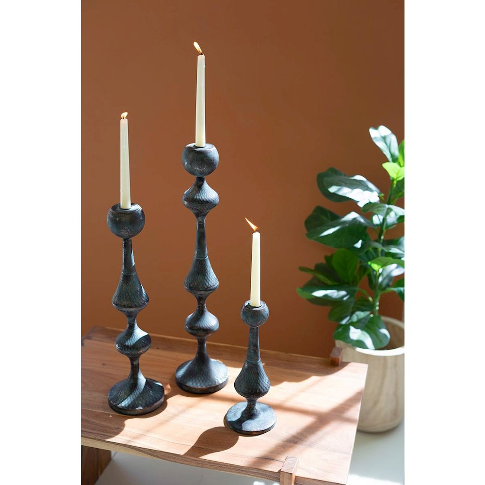 Set Of Three Patina Metal Candle Towers. Picture 3