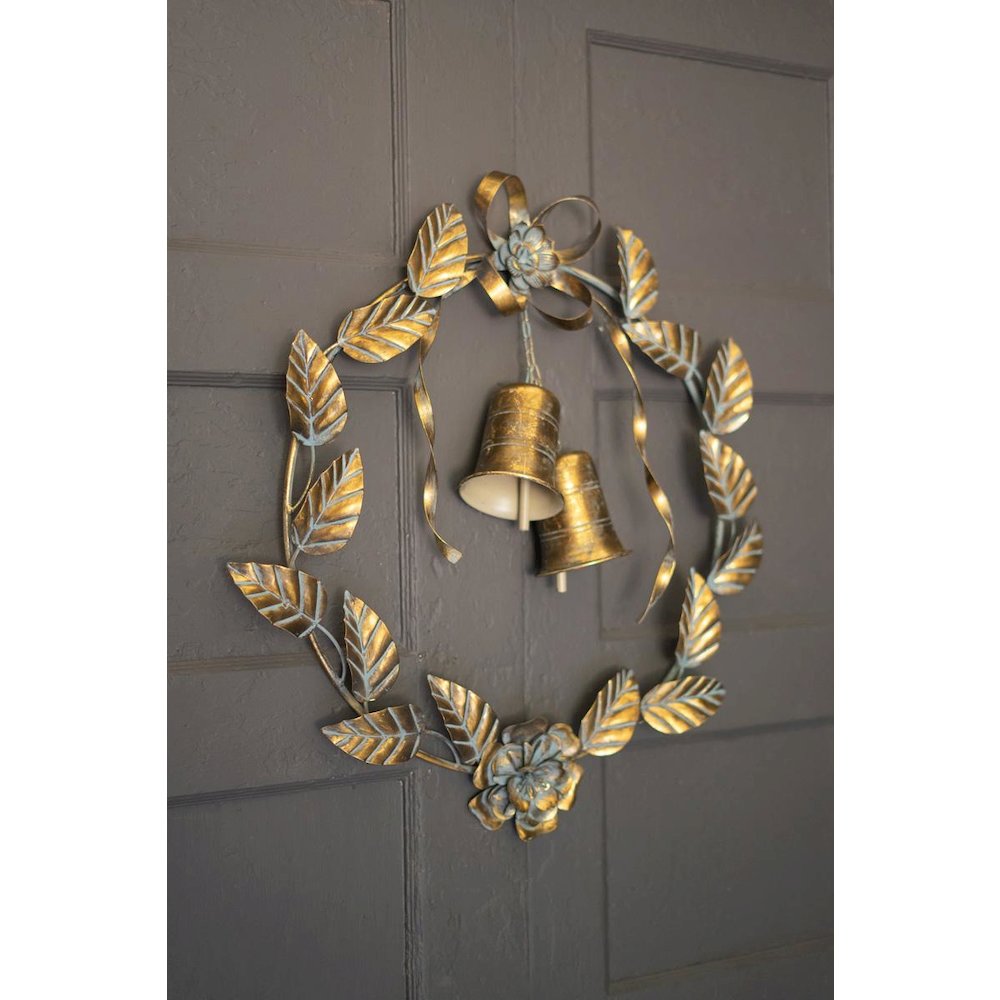 Antique Brass Christmas Wreath Leaves And Bells. Picture 1