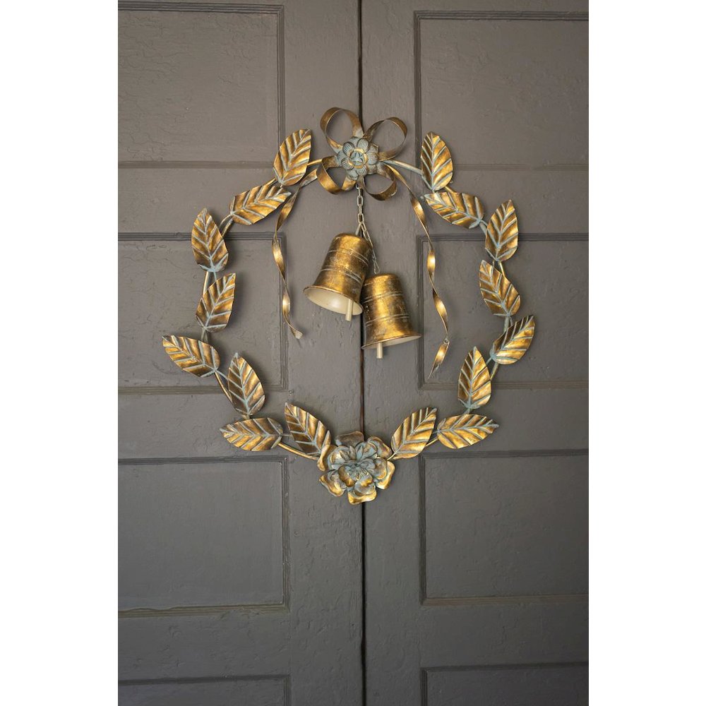 Antique Brass Christmas Wreath Leaves And Bells. Picture 2