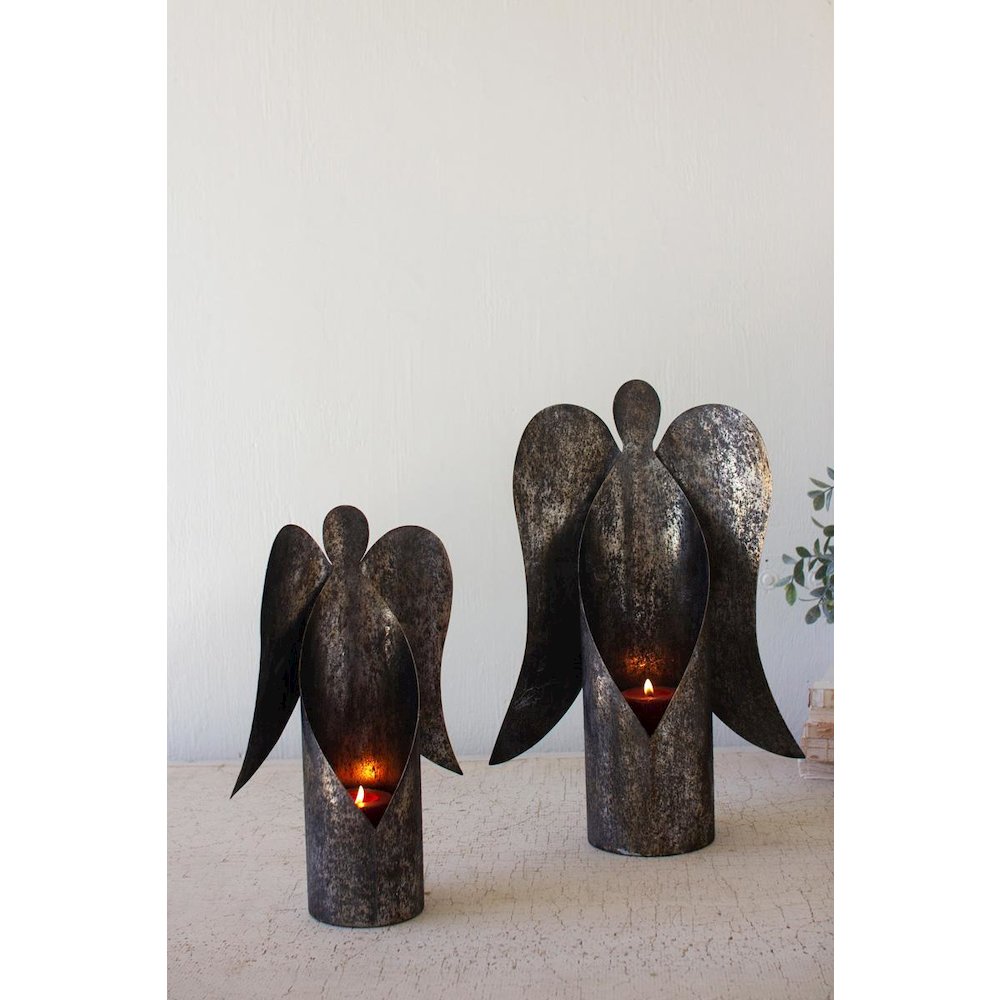 Set Of Two Rustic Metal Angel Candle Holders. Picture 5