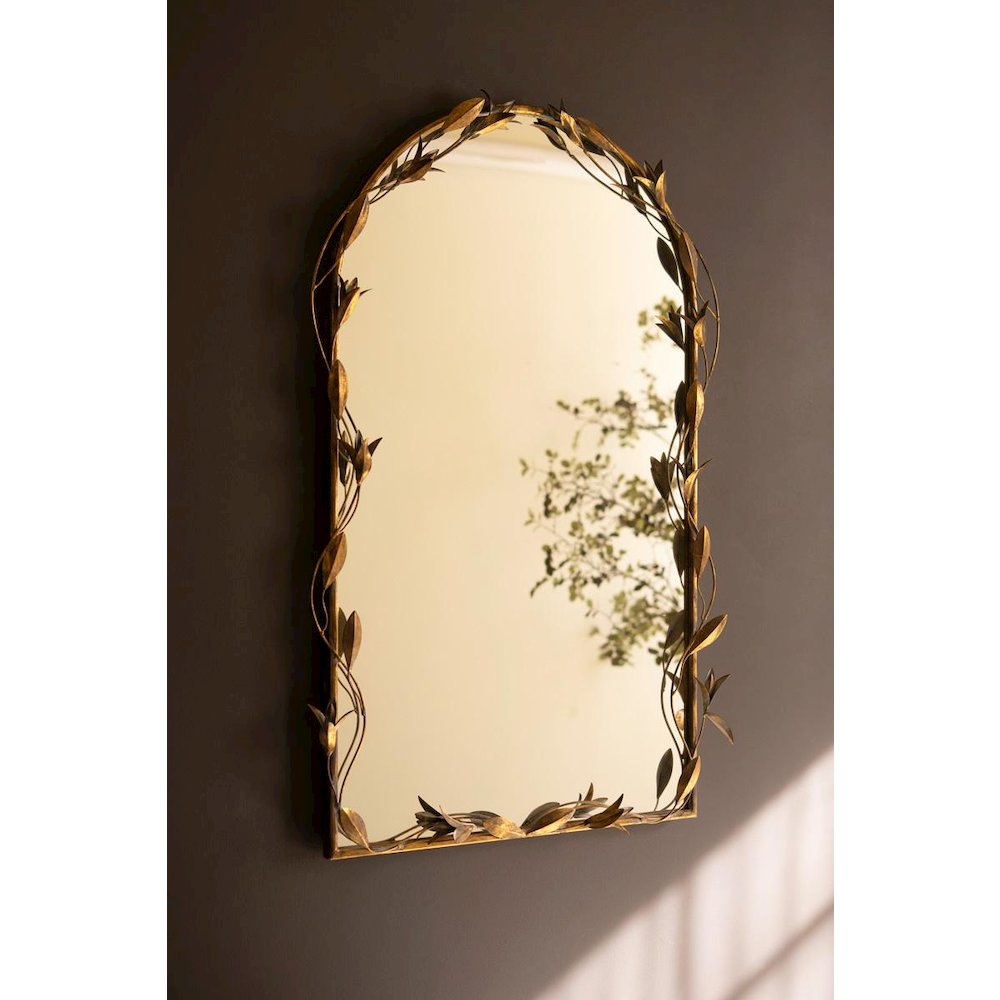 Tall Arched Antique Brass Framed Mirror With Leaves. Picture 1