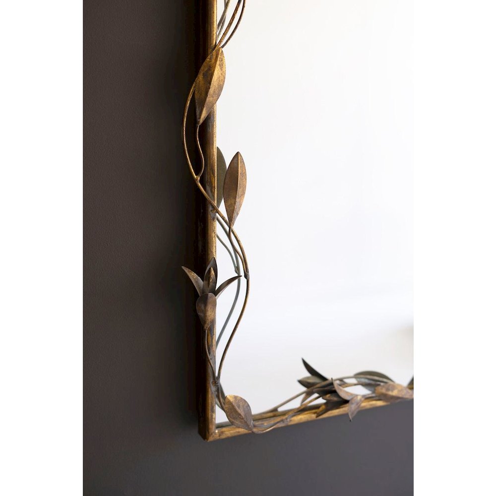 Tall Arched Antique Brass Framed Mirror With Leaves. Picture 3