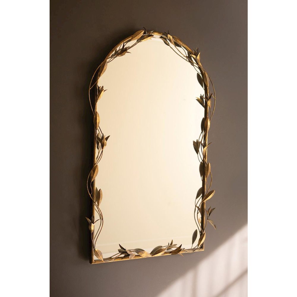 Tall Arched Antique Brass Framed Mirror With Leaves. Picture 4