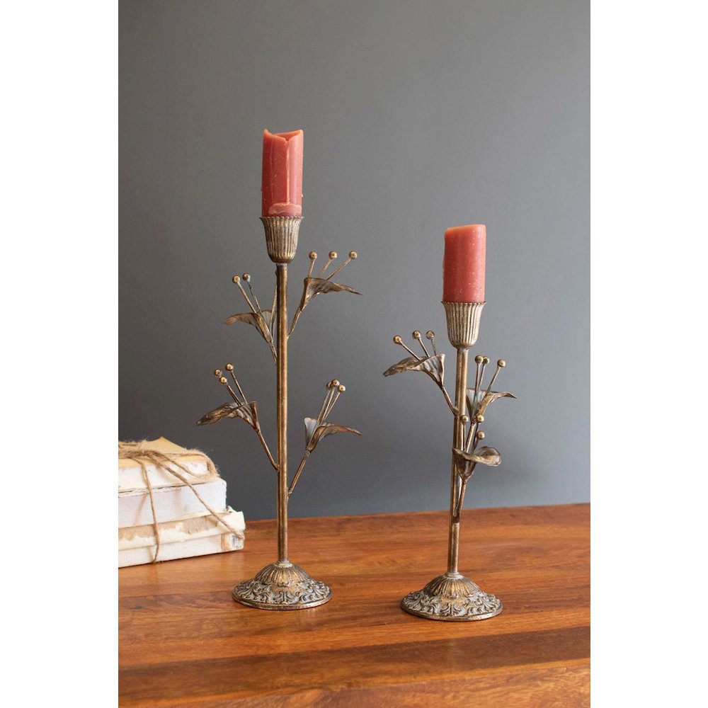Set Of Two Antique Brass Flower Taper Candle Holders. Picture 1