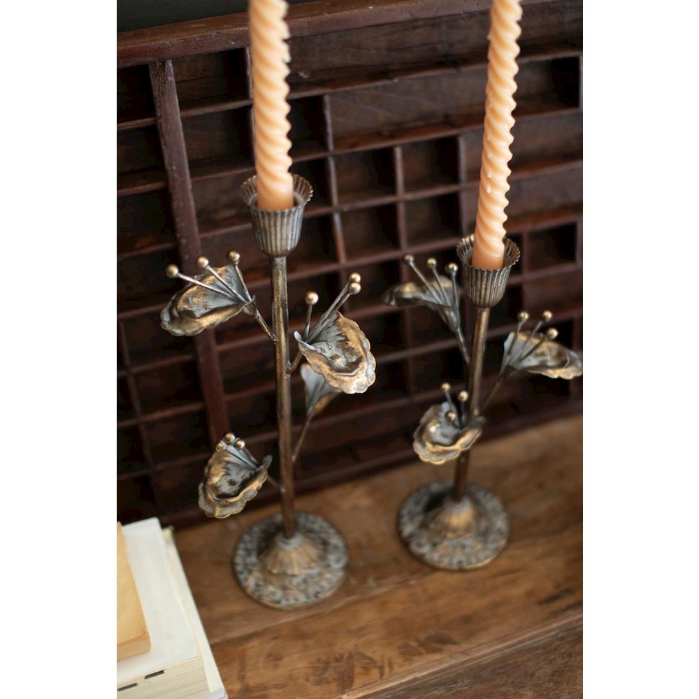 Set Of Two Antique Brass Flower Taper Candle Holders. Picture 2