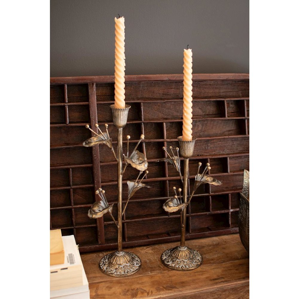 Set Of Two Antique Brass Flower Taper Candle Holders. Picture 3