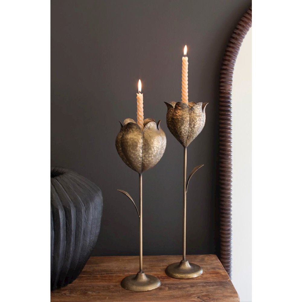Set Of Two Antique Brass Tulip Taper Candle Holders. Picture 1