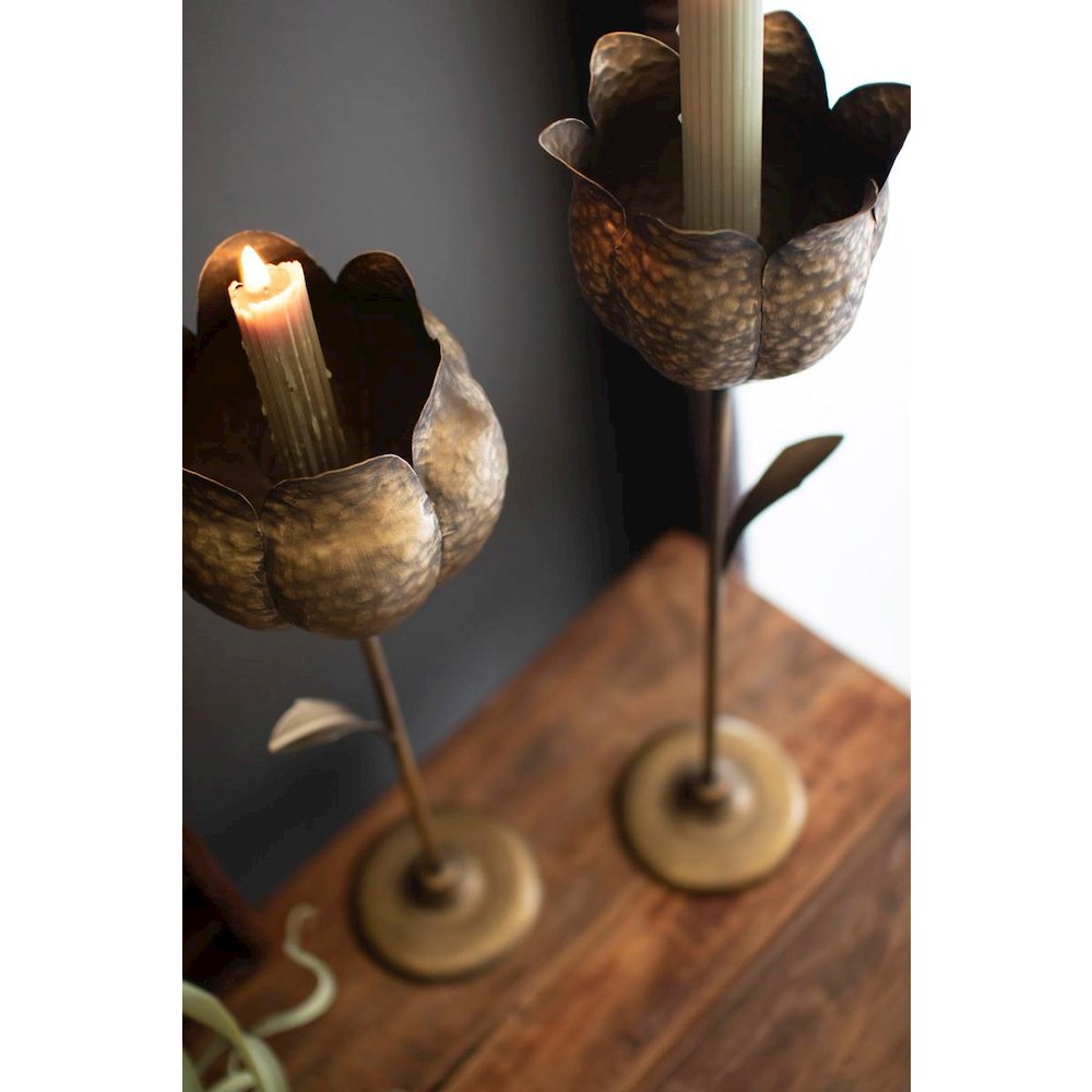 Set Of Two Antique Brass Tulip Taper Candle Holders. Picture 2