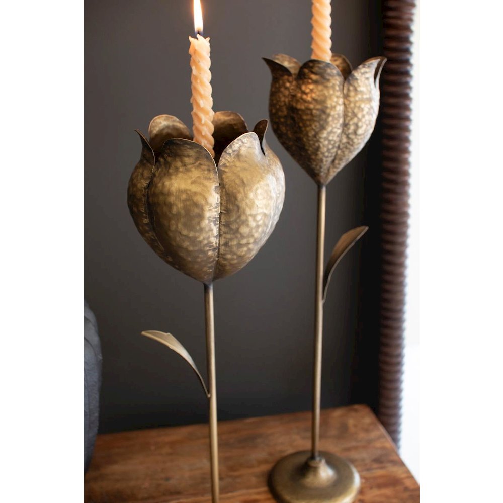Set Of Two Antique Brass Tulip Taper Candle Holders. Picture 3