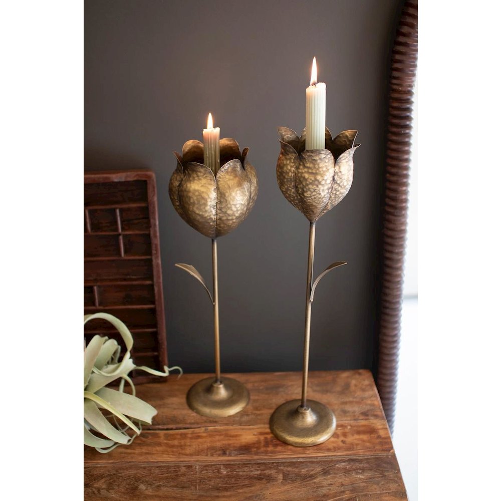 Set Of Two Antique Brass Tulip Taper Candle Holders. Picture 4