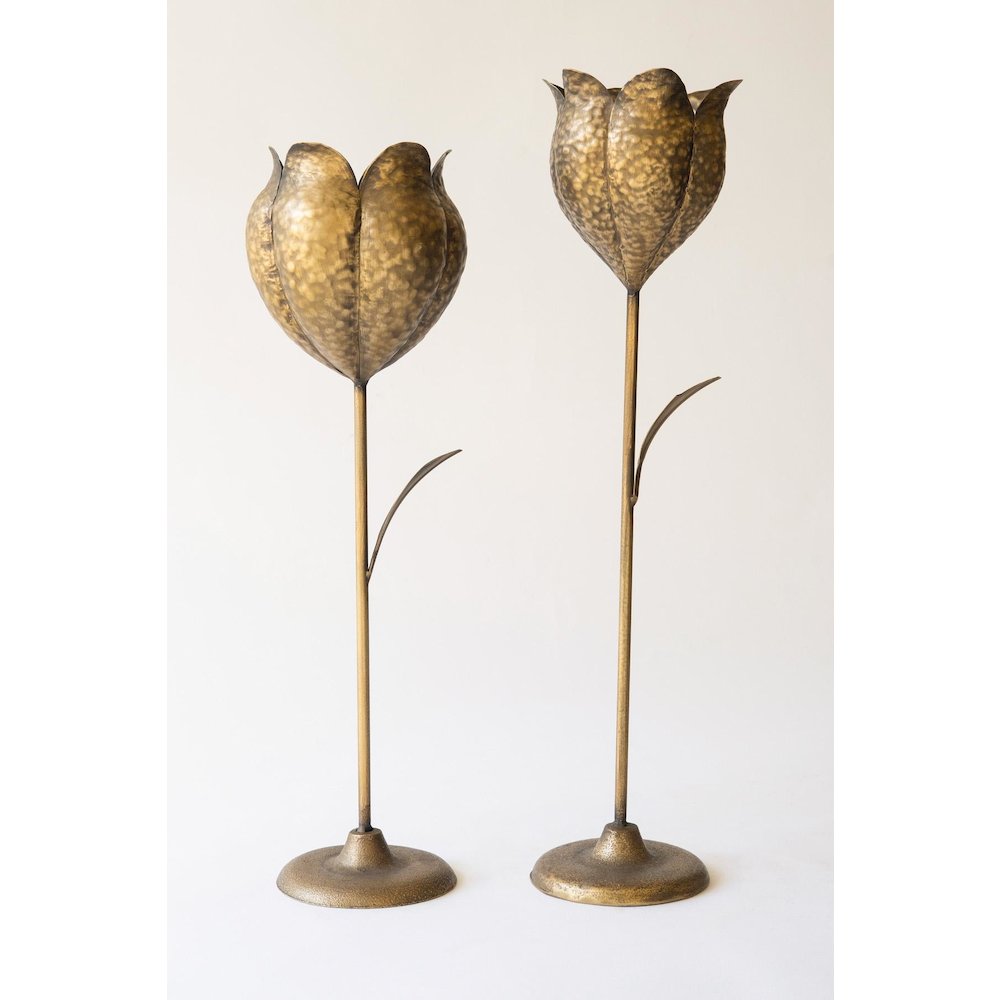 Set Of Two Antique Brass Tulip Taper Candle Holders. Picture 5